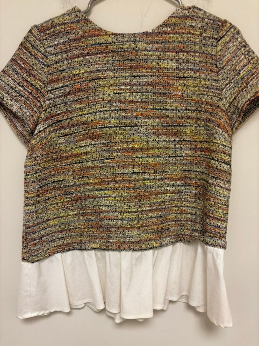 Halogen Multicolor Tweed Knit Blouse with White Peplum / Layer Size Small